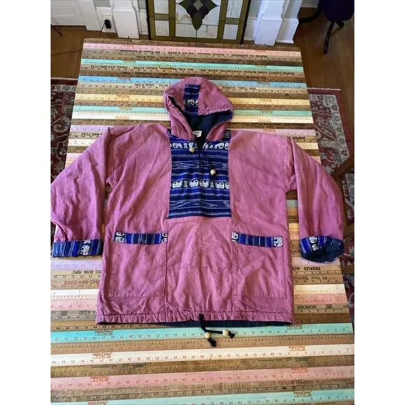 Vintage Baja Poncho Hoodie M Blanket Pullover Hippie Festival India Thailand - Picture 13 of 16